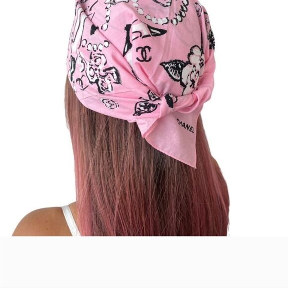 AUTHENTIC CHANEL ICONIC CC COCOMARK PINK & BLACK SYMBOLS SCARF/ HEADBAND - Picture 4 of 9